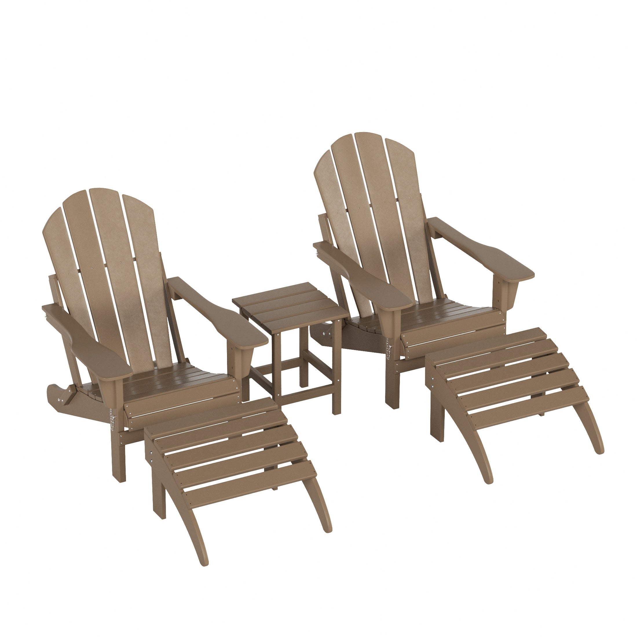 Malibu 5-Piece set classic Adirondack chairs with ottoman and a small coffee table (2 seater)