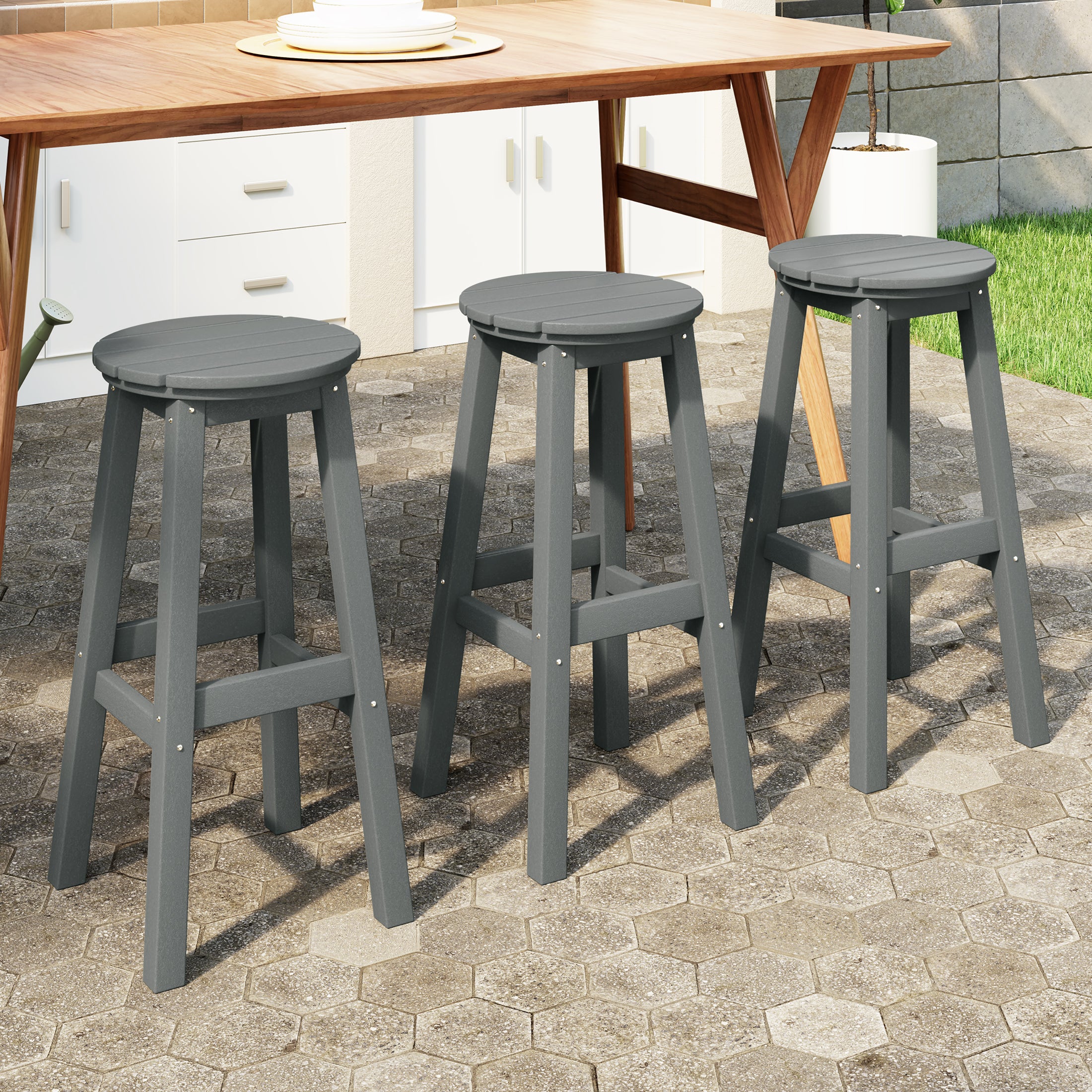 Malibu 29" HDPE Outdoor Patio Round Bar Stool Set of 3