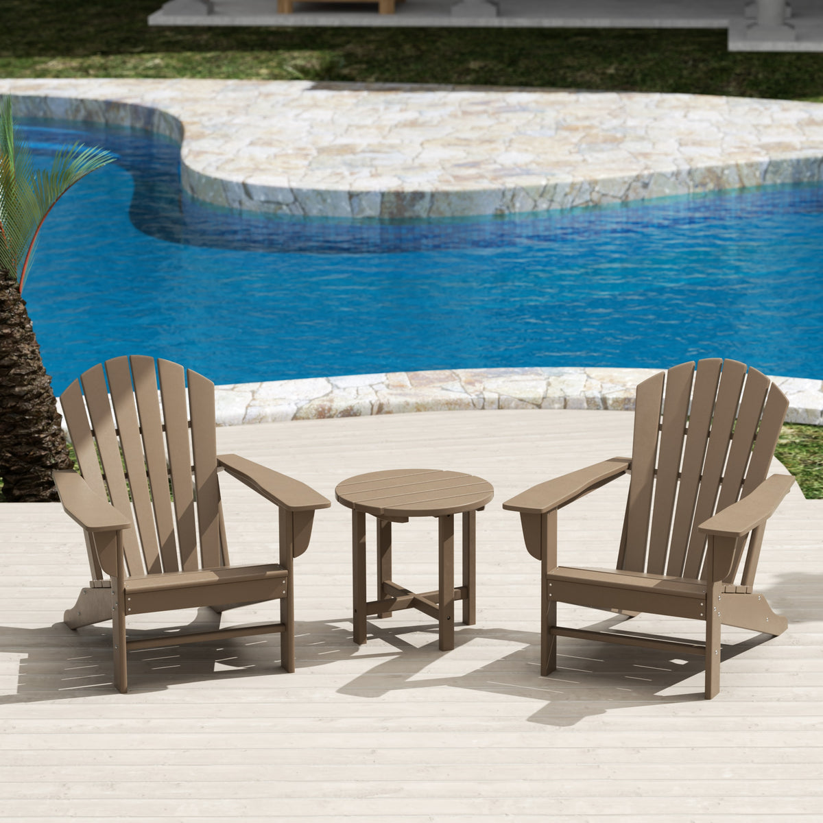 Dylan Adirondack chair set with side table in Weathered Wood styled outdoors