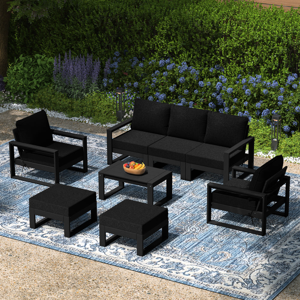 Montara 8-Piece Modern HDPE Outdoor Patio Furniture Conversation Set with Coffee Table and Ottomans