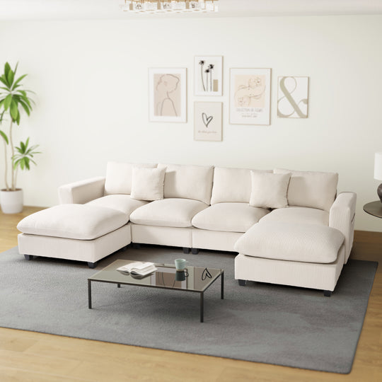 Hearthside 128" Corduroy Modular U-Shaped Sectional Couch and Chaise With USB/Type-C Ports and Side Pockets