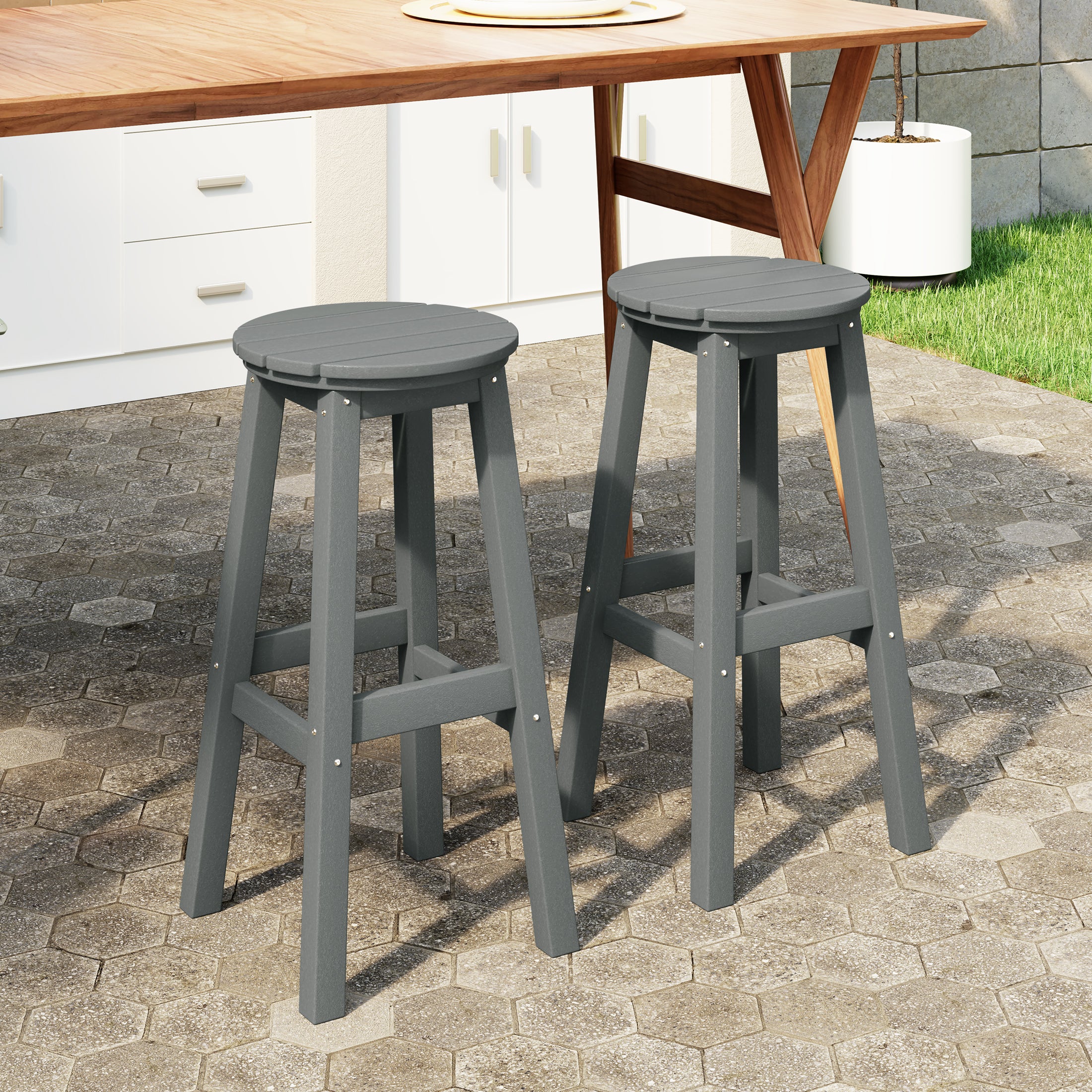 Malibu 29" HDPE Outdoor Patio Round Bar Stool Set of 2