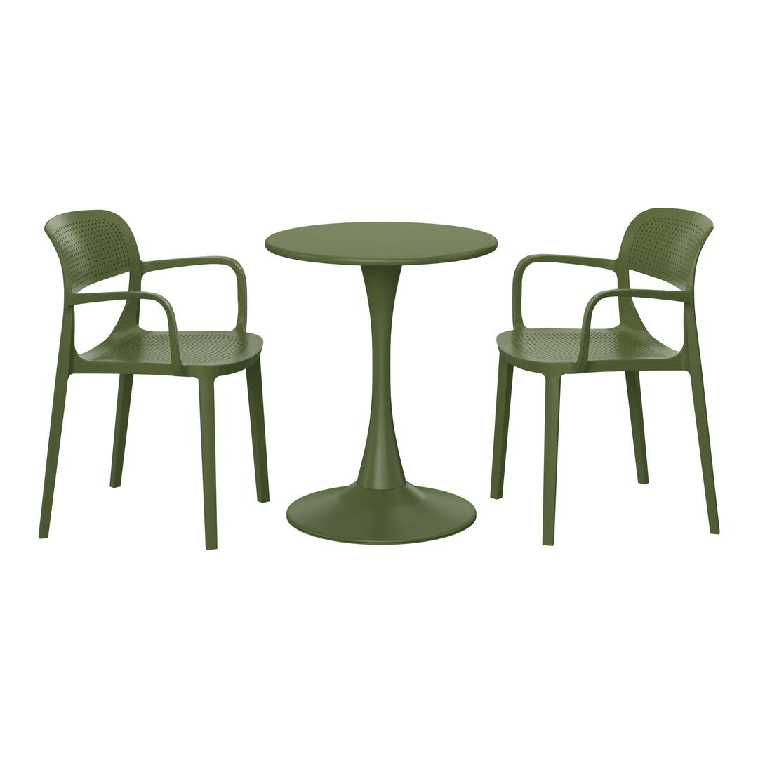 Playa 3-Piece Round Metal Bistro Dining Table Set And Stackable Resin Patio Dining Arm Chairs