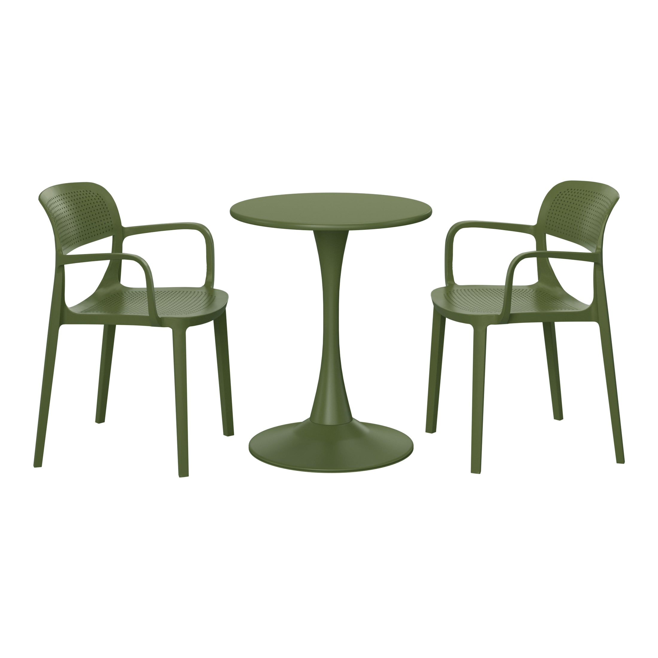 Playa 3-Piece Round Metal Bistro Dining Table Set And Stackable Resin Patio Dining Arm Chairs