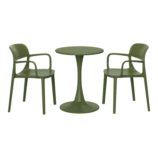 Playa 3-Piece Round Metal Bistro Dining Table Set And Stackable Resin Patio Dining Arm Chairs