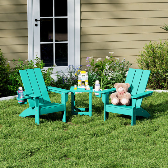 Ashore 3-Piece Kids HDPE Modern Adirondack Chairs Set with Square Side Table and Cup Holders