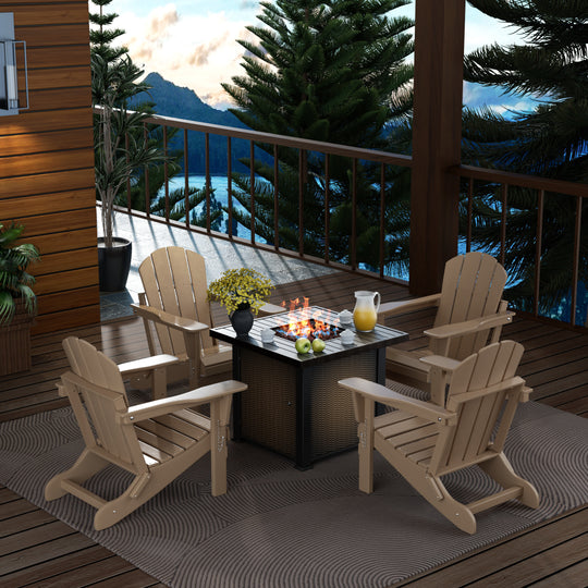 Malibu Modern Folding Poly Adirondack Chair With Square Fire Pit Table Set