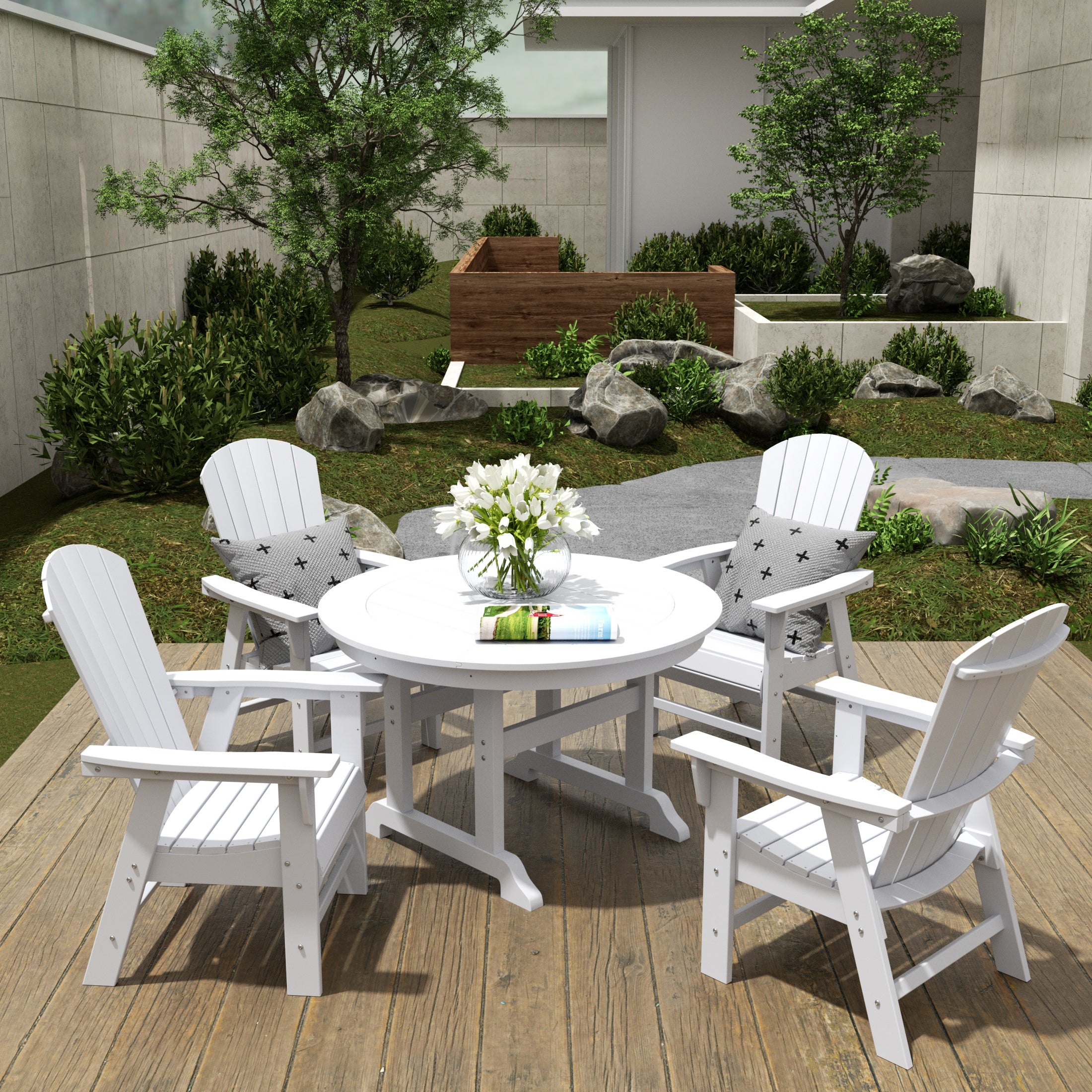Dylan 5 Piece Outdoor Patio Dining Round Table and Shell Back Armchair Set