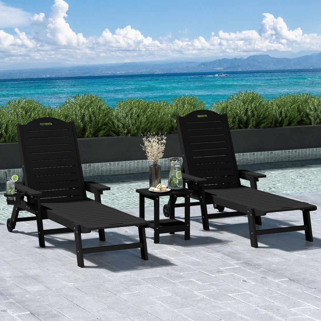 Aruba 3-Piece Outdoor Patio Chaise Lounge Chair with Wheels & Cup Holder with Patio Side Table