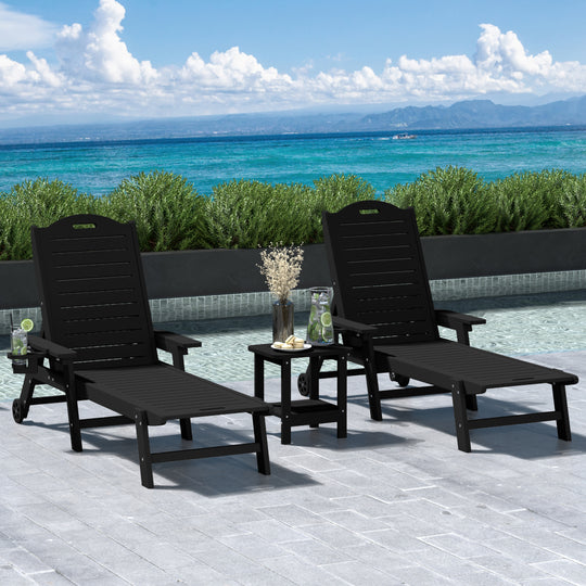 Aruba 3-Piece Outdoor Patio Chaise Lounge Chair with Wheels & Cup Holder with Patio Side Table