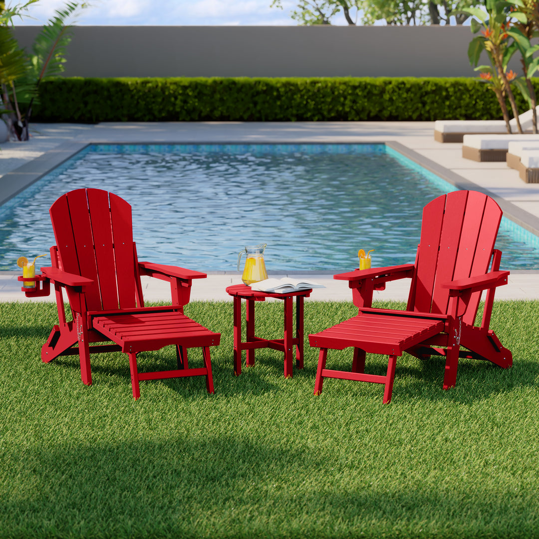 Malibu 3-Piece Outdoor Folding Adjustable Adirondack Chair with Cup Holder & Hideaway Ottoman and 18" Side Table