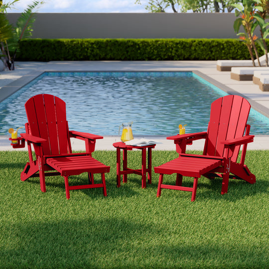 Malibu 3-Piece Outdoor Folding Adjustable Adirondack Chair with Cup Holder & Hideaway Ottoman and 18" Side Table