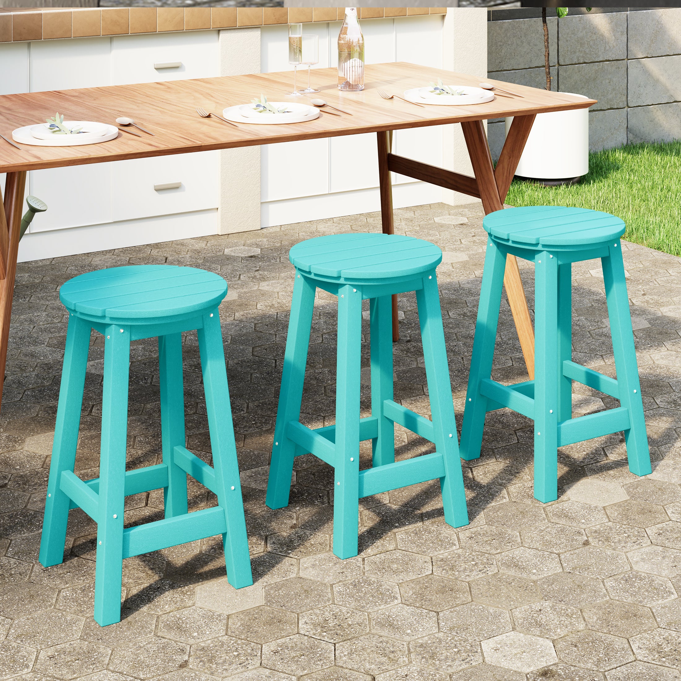 Malibu 24" HDPE Outdoor Patio Round Counter Height Bar Stool Set of 3