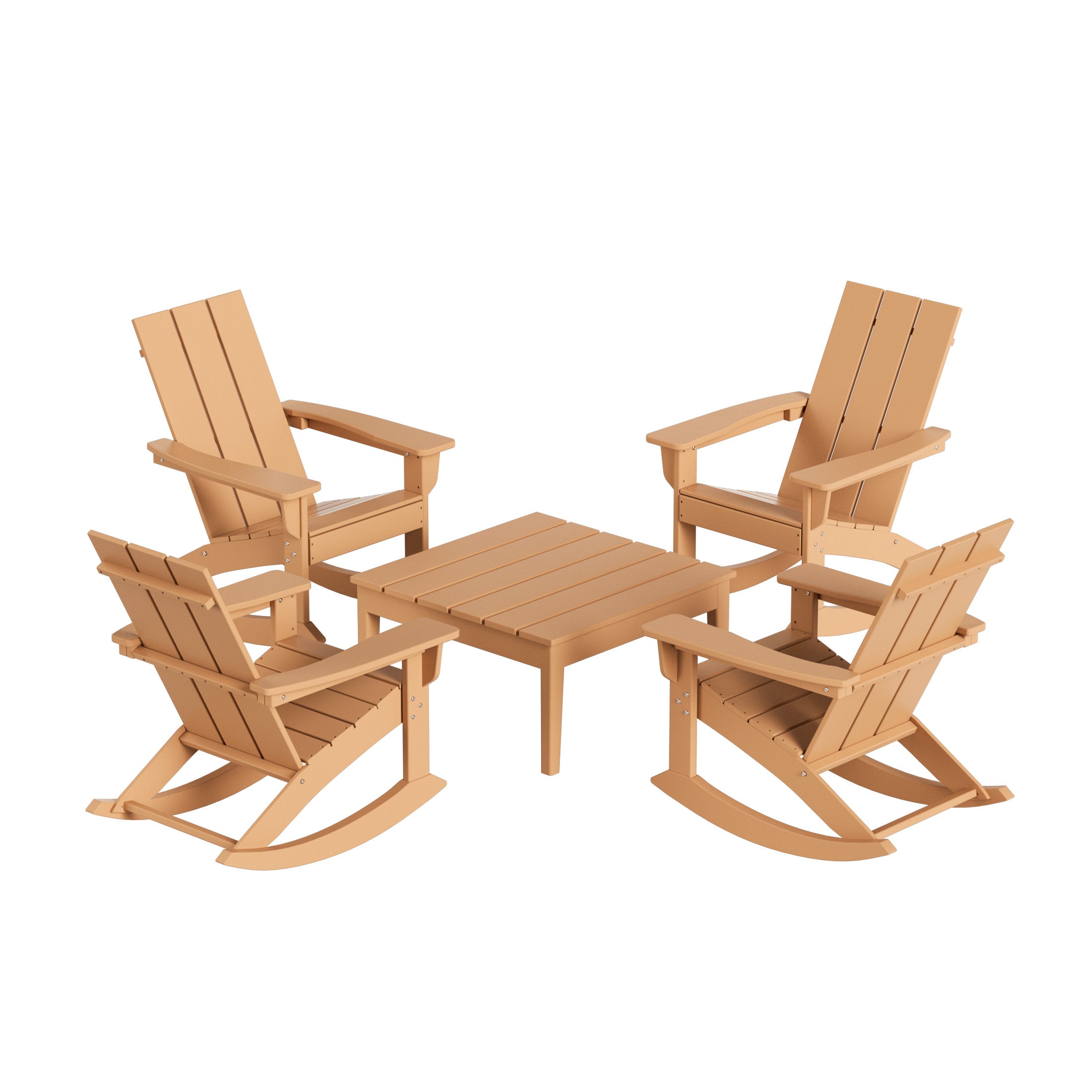 Ashore 5-Piece Set Modern Plastic Outdoor Rocking Chairs with Square Side Table