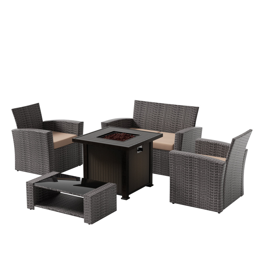 Coastal 4-Piece Gray Outdoor Patio Conversation Sofa Set with Square Fire Pit Table