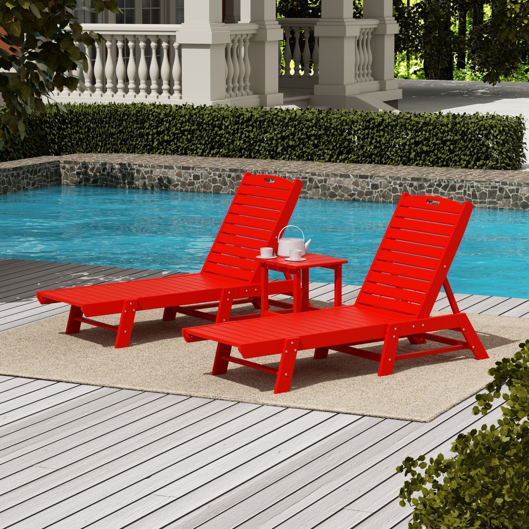 Malibu Poly Reclining Outdoor Patio Chaise Lounge Chair with Side Table Set