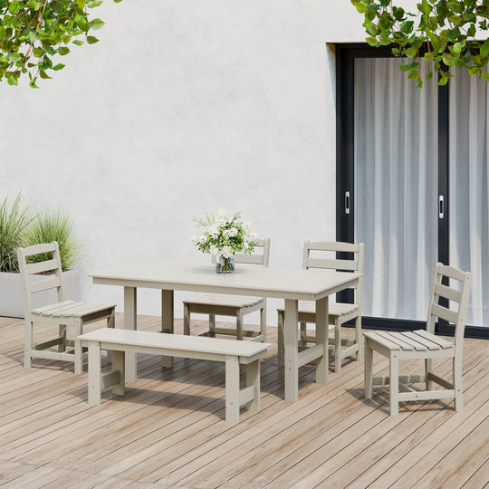 Ashore 6-Piece Outdoor HDPE Rectangular Patio Dining Table Set with Bench