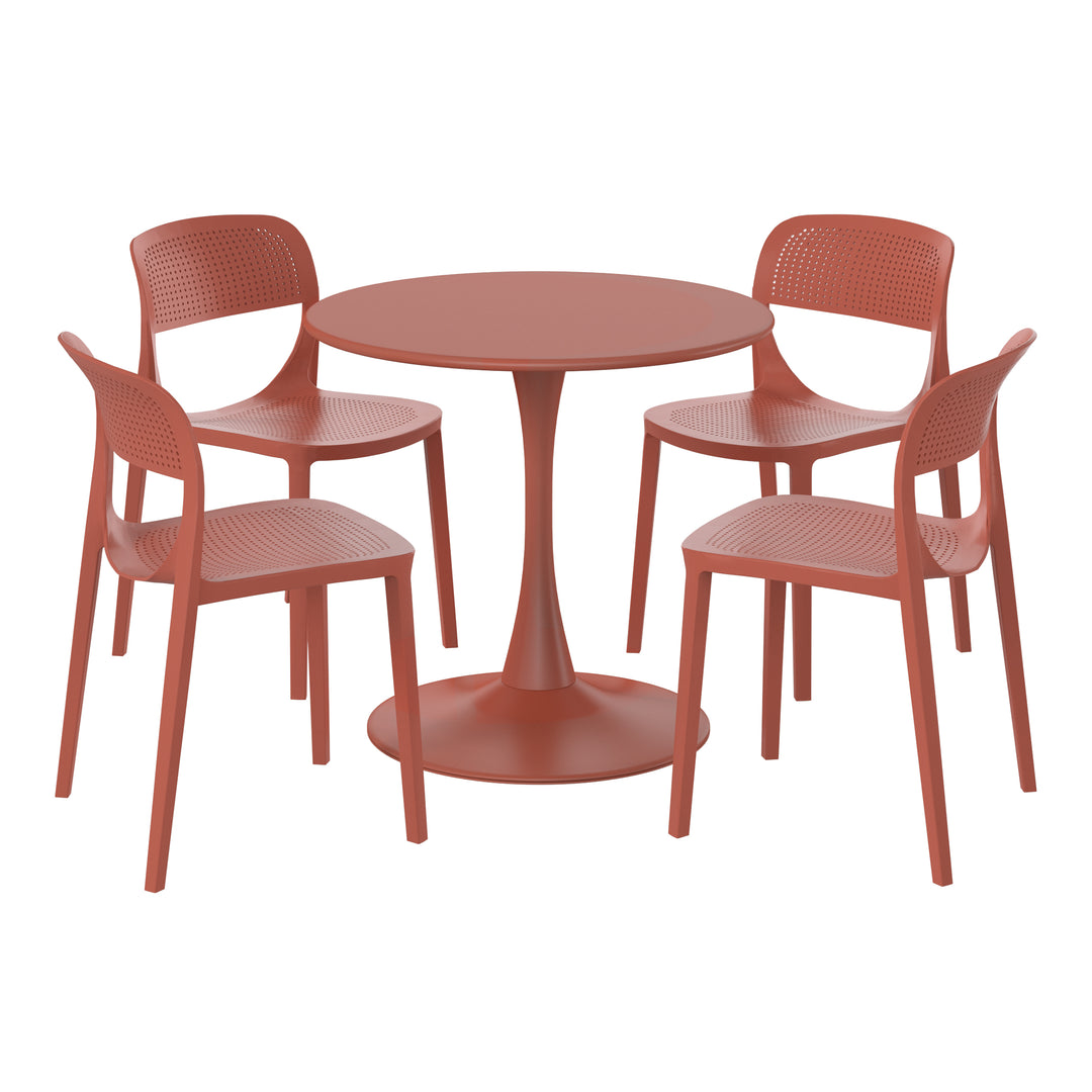 Playa 5-Piece Round Metal Bistro Dining Table Set And Stackable Resin Patio Dining Side Chairs