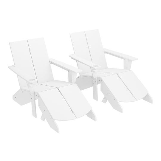 Riviera Outdoor 4-Piece HDPE Modern Adirondack Chairs Set with Folding Patio Ottomans and Cup Holder