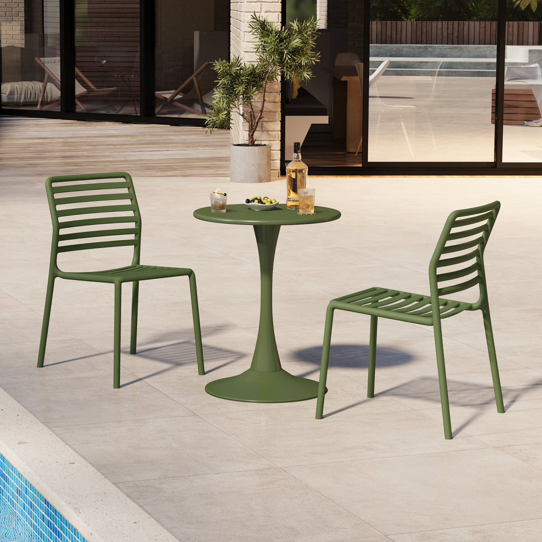 Playa 3-Piece Outdoor Metal Round Dining Table Set With Stackable Resin Patio Dining Chairs