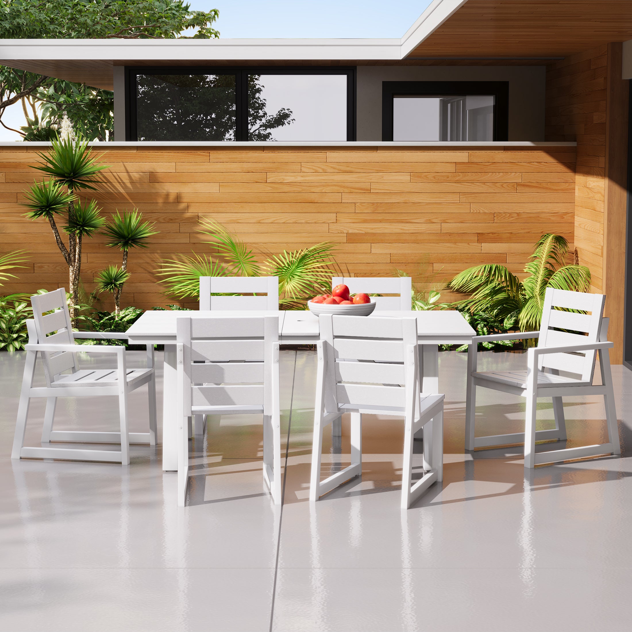 Cape May 7-Piece HDPE Outdoor Furniture Patio Dining Table With Umbrella Hole and Chairs Set For 6
