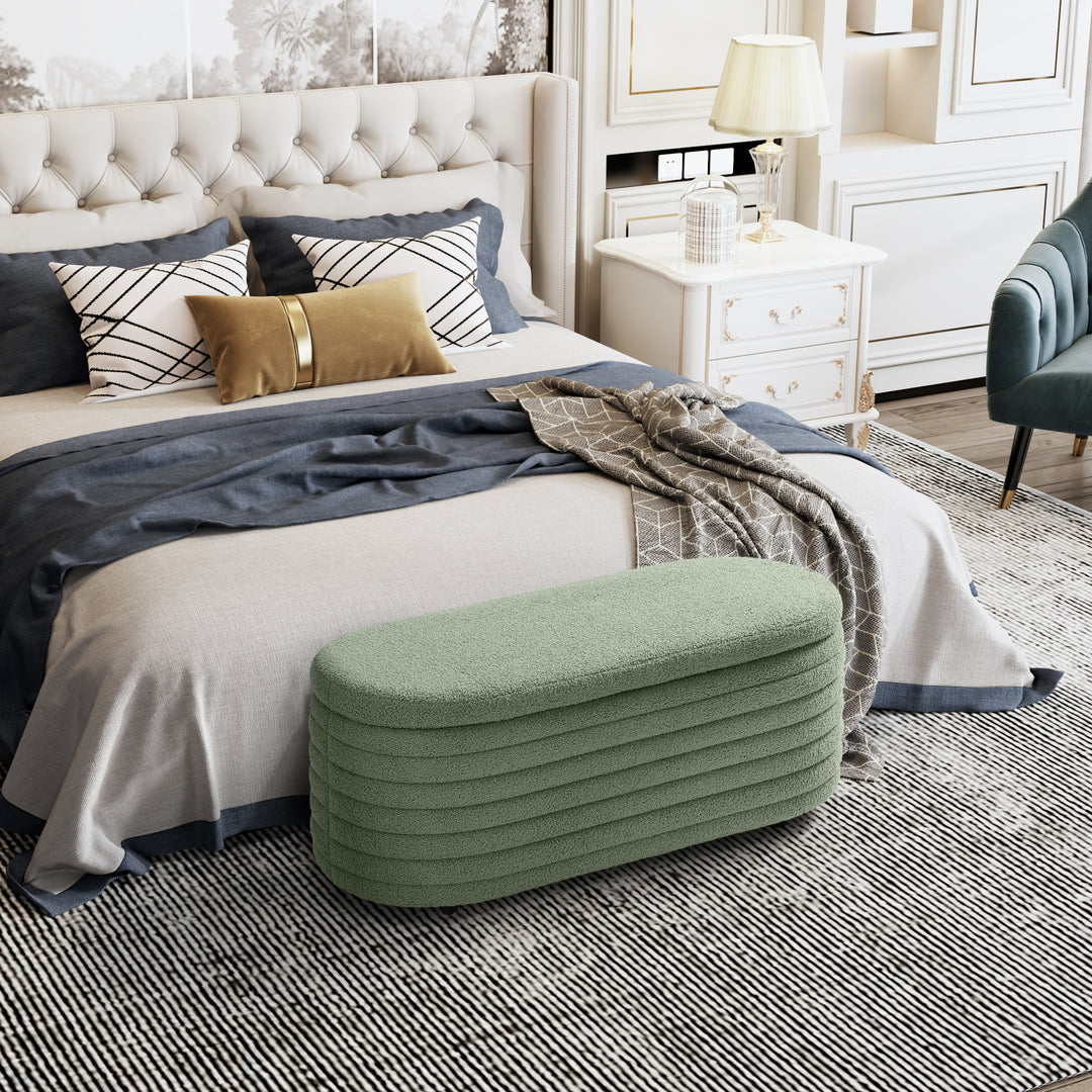 Alexandria 42" Wide Mid-Century Modern Upholstered Teddy Sherpa Tufted Oval Storage Ottoman Bench