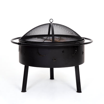 Creekside Outdoor Star and Moon Steel Burning Round Fire Pit with Wire Mesh Lid