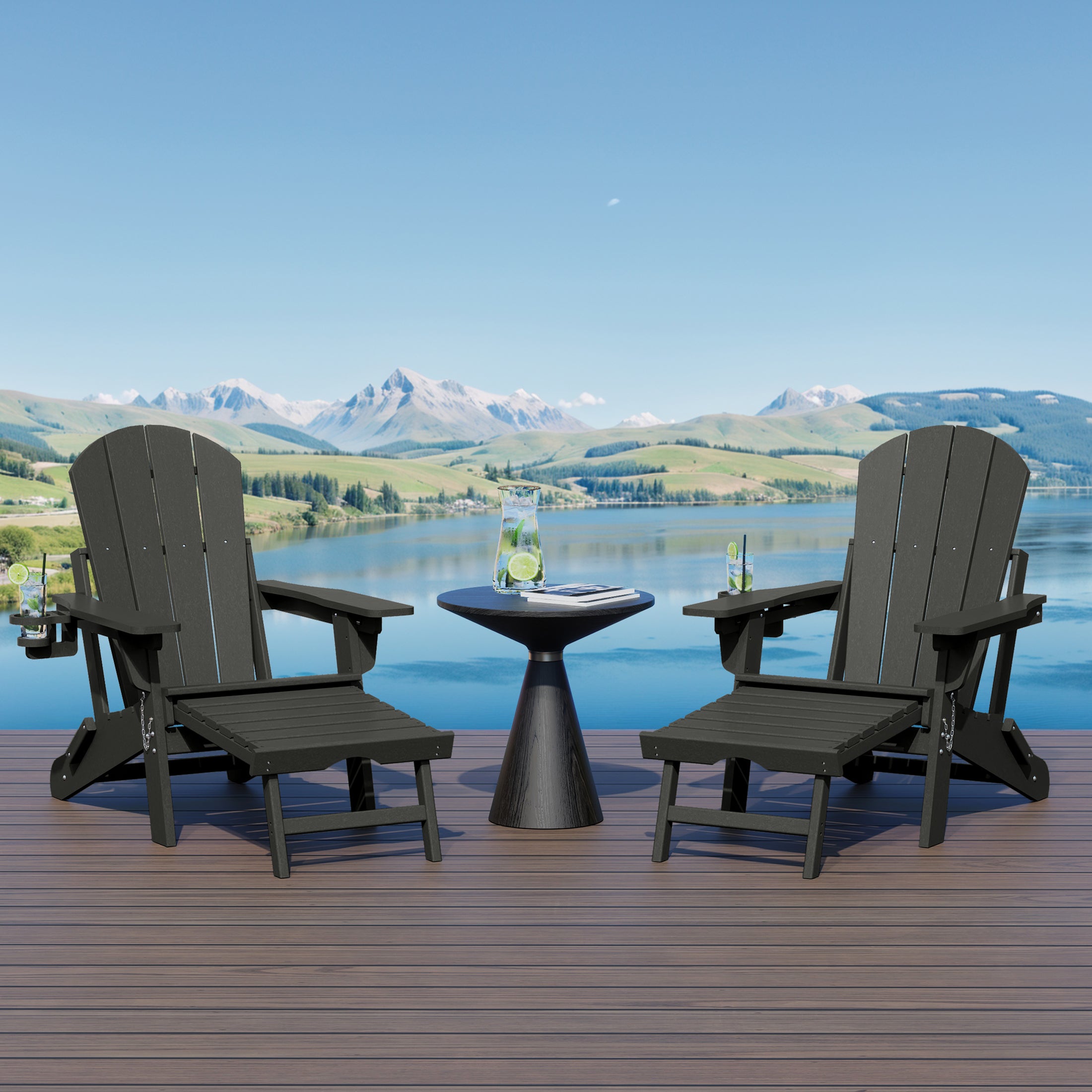 Malibu Folding Adjustable Adirondack Chair with Retractable Ottoman and Cup Holder (Set of 2)