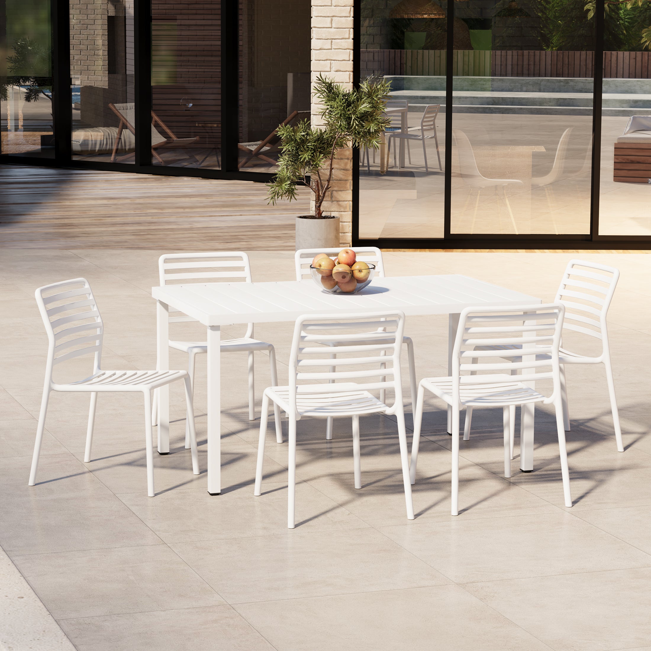 Playa 7-Piece Metal Rectangular Patio Dining Table Set With Stackable Plastic Dining Chairs For 6