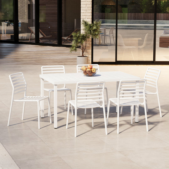 Playa 7-Piece Metal Rectangular Patio Dining Table Set With Stackable Plastic Dining Chairs For 6