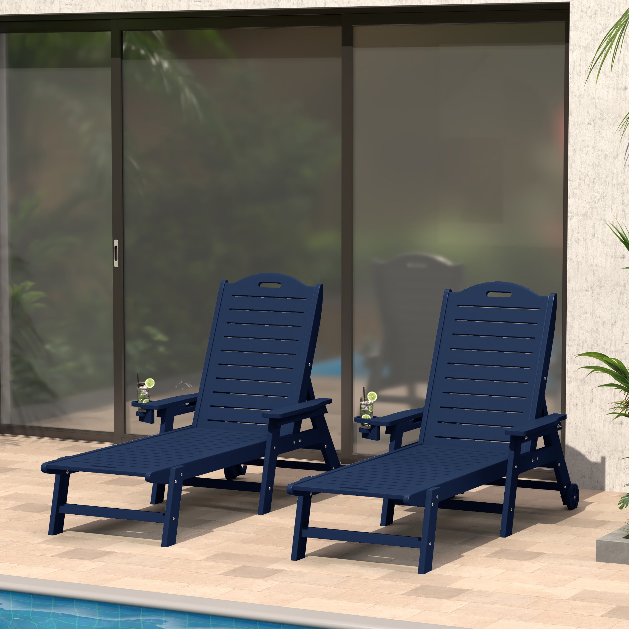 Aruba Outdoor HDPE Patio Chaise Lounges With Wheels & Cup Holder (Set of 2)