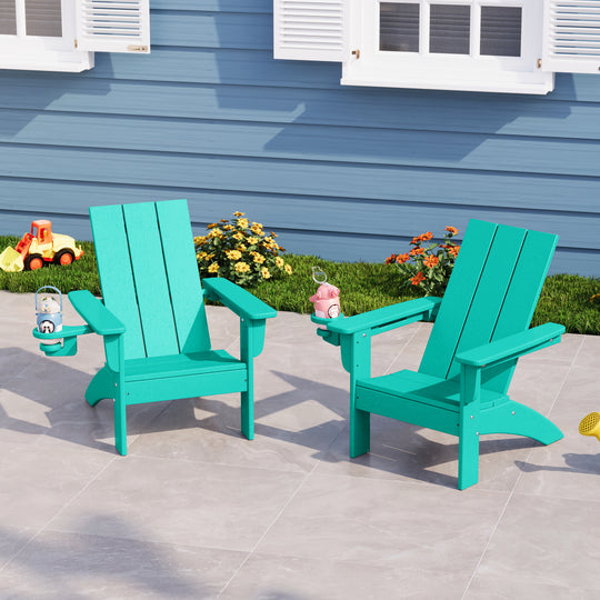 Ashore Kids Outdoor HDPE Plastic Modern Adirondack Patio Chairs with Cup Holders (Set of 2)