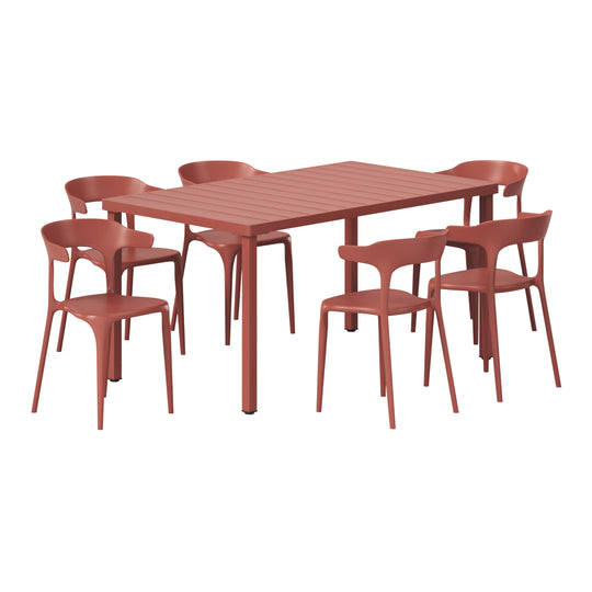 Playa 7-Piece Outdoor Metal Rectangle Patio Dining Table Set With Stackable Plastic Dining Chairs For 6
