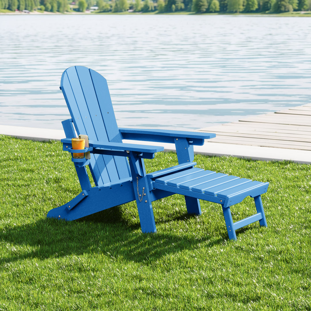 Malibu Folding Adjustable Adirondack Chair with Retractable Ottoman and Cup Holder