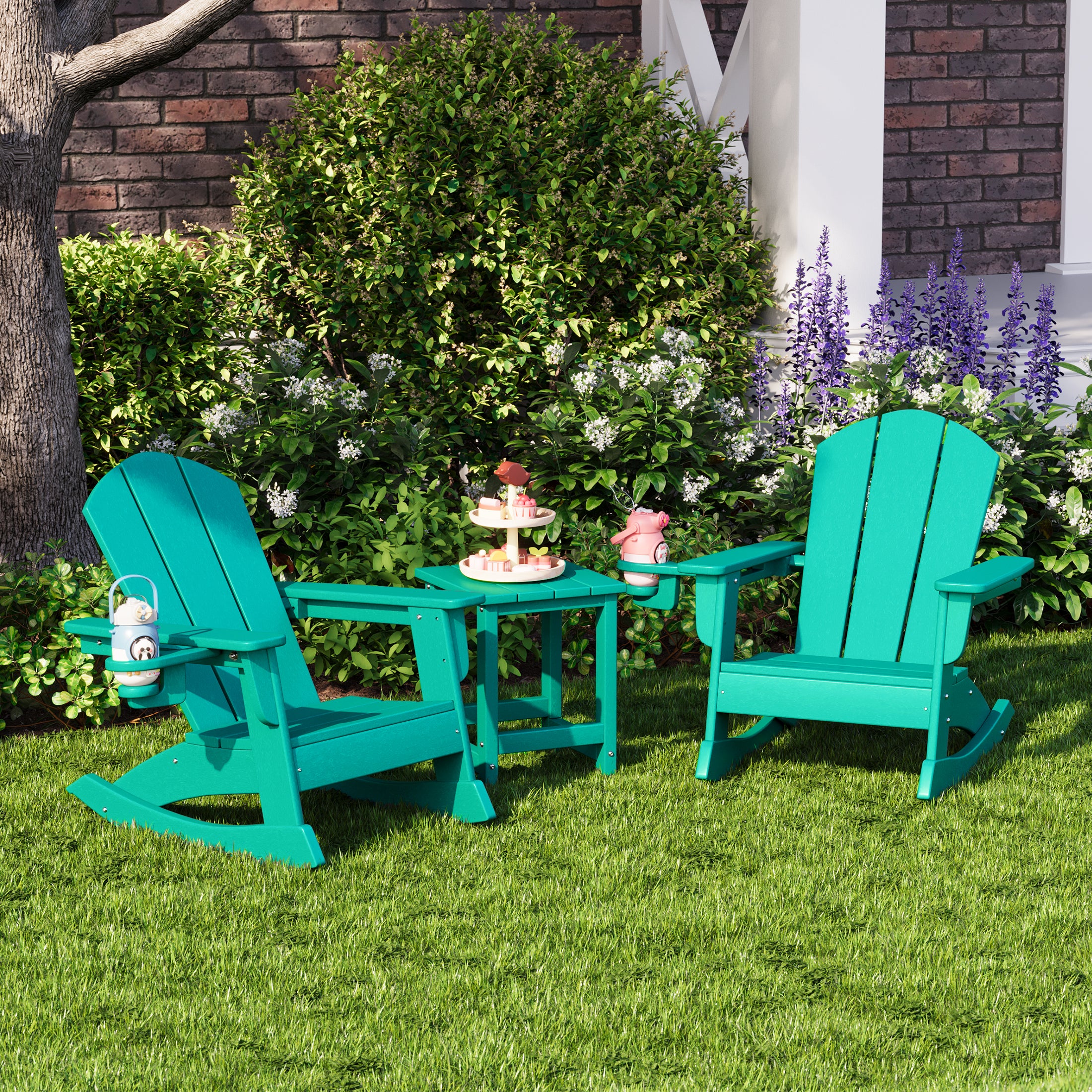 Malibu 3-Piece Kids Rocking Chair With Cup Holder and Square Side Table Set