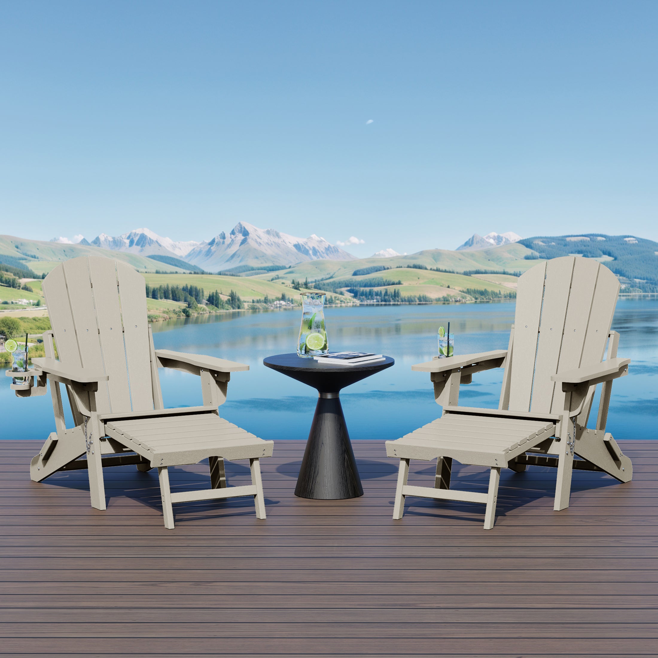 Malibu Folding Adjustable Adirondack Chair with Retractable Ottoman and Cup Holder (Set of 2)