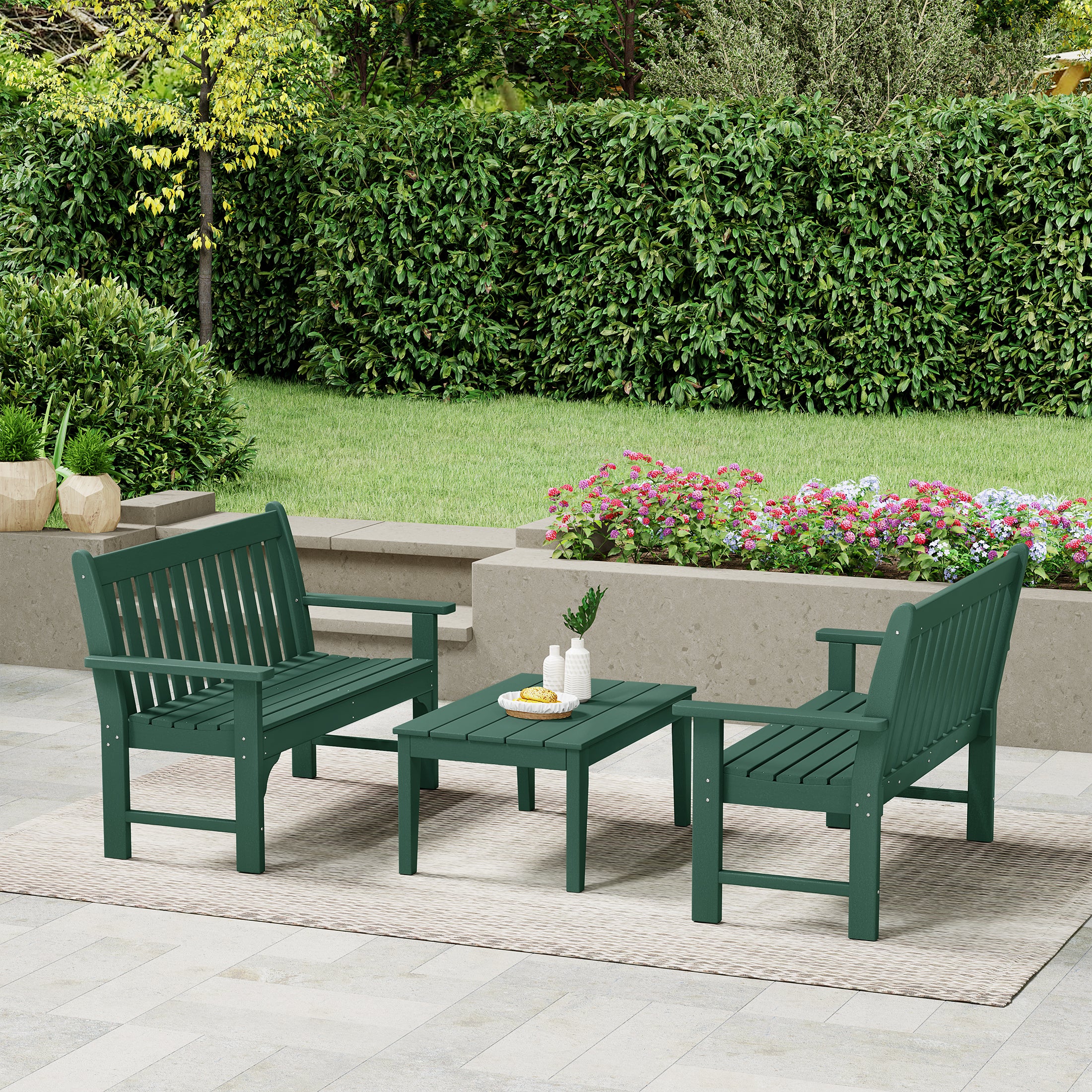 Malibu 3-Piece HDPE Outdoor Patio Furniture Couch and Coffee Table Set