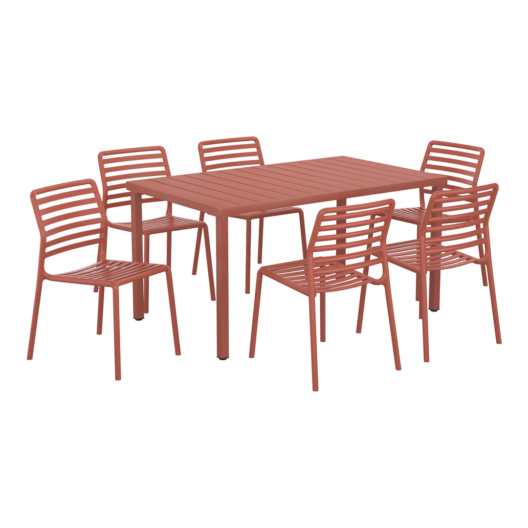 Playa 7-Piece Metal Rectangular Patio Dining Table Set With Stackable Plastic Dining Chairs For 6