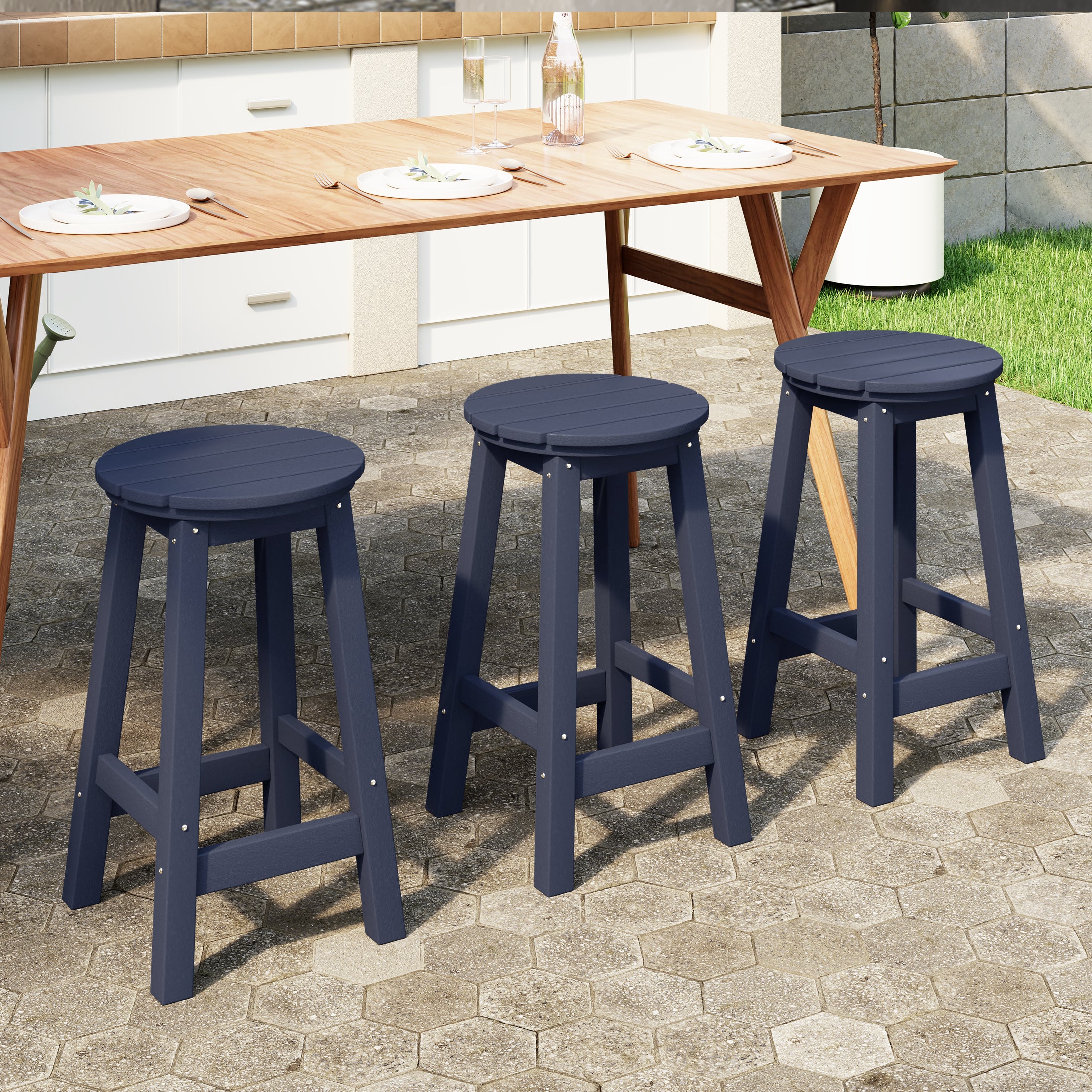 Malibu 24" HDPE Outdoor Patio Round Counter Height Bar Stool Set of 3