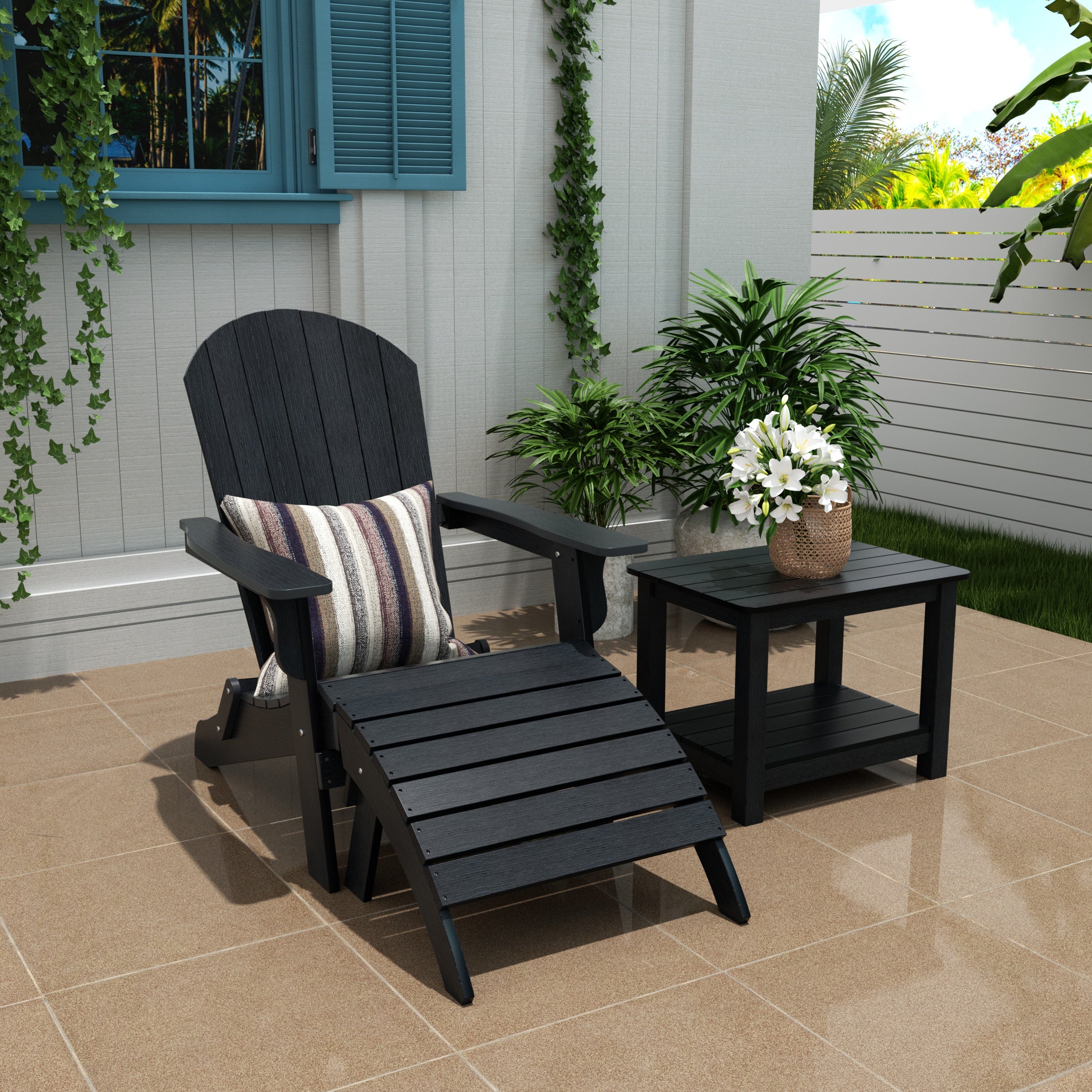 Tuscany 3-Piece HIPS Outdoor Folding Adirondack Seashell Chair With Folding Ottoman And Side Table