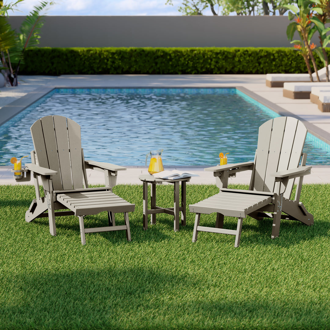 Malibu 3-Piece Outdoor Folding Adjustable Adirondack Chair with Cup Holder & Hideaway Ottoman and 18" Side Table