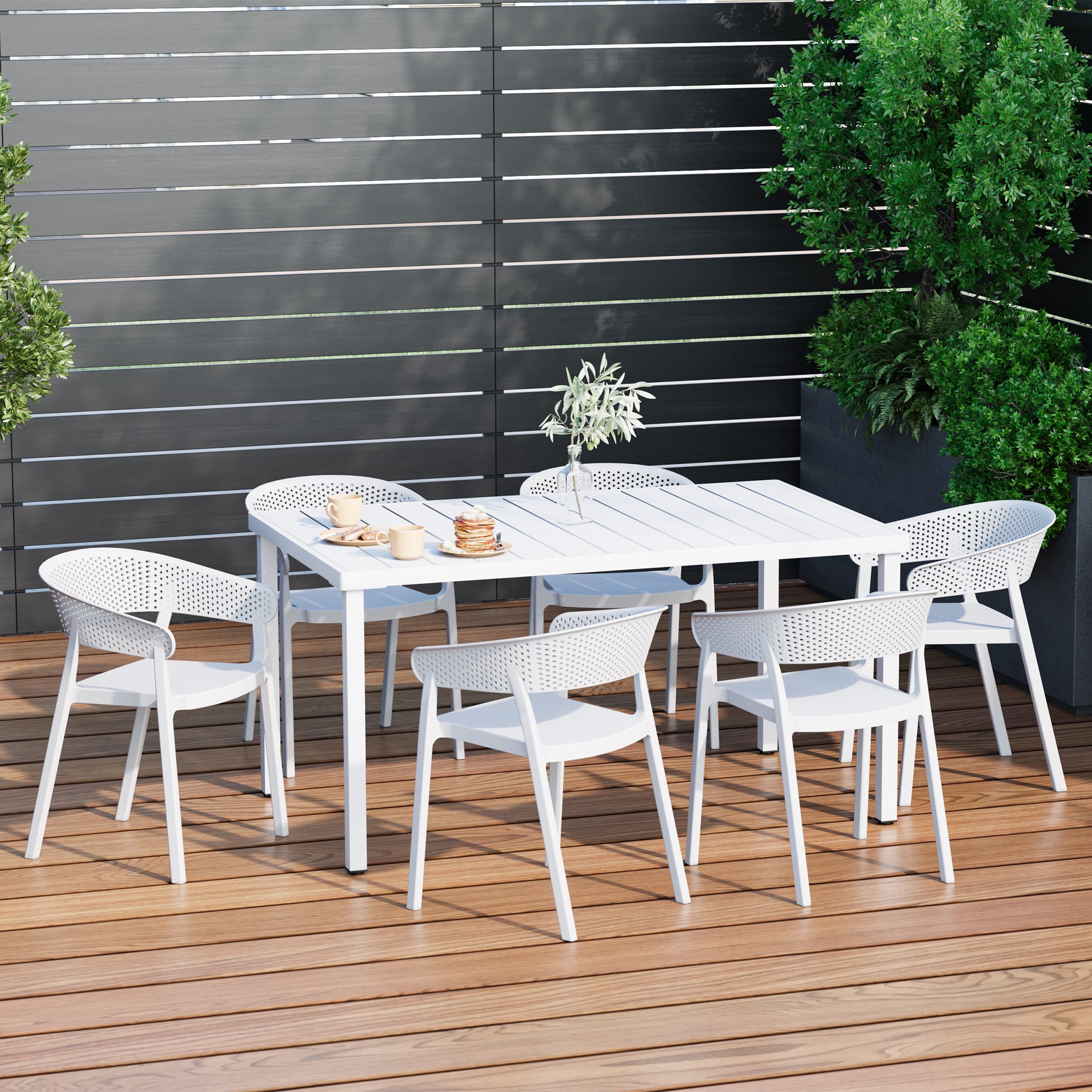 Playa 7-Piece Outdoor Metal Rectangle Patio Dining Table Set With Stackable Patio Dining Chairs