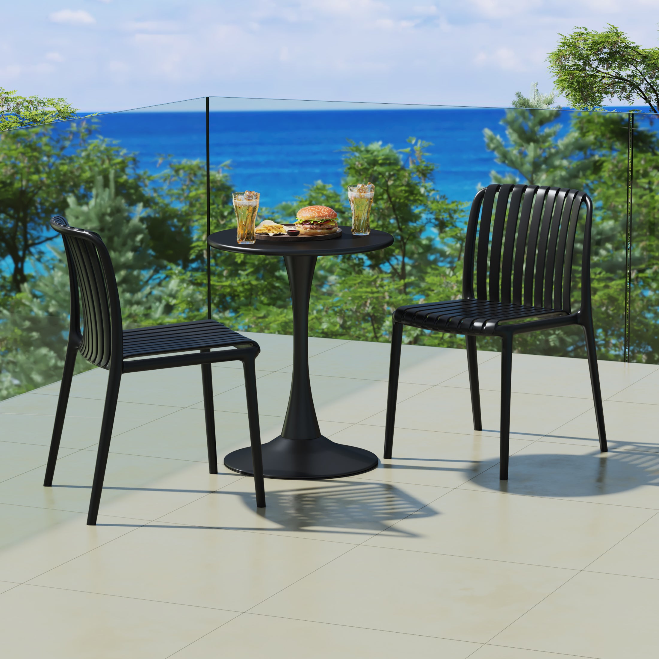 Playa 3-Piece Outdoor Metal Dining Table Set And Stackable Resin Patio Chairs