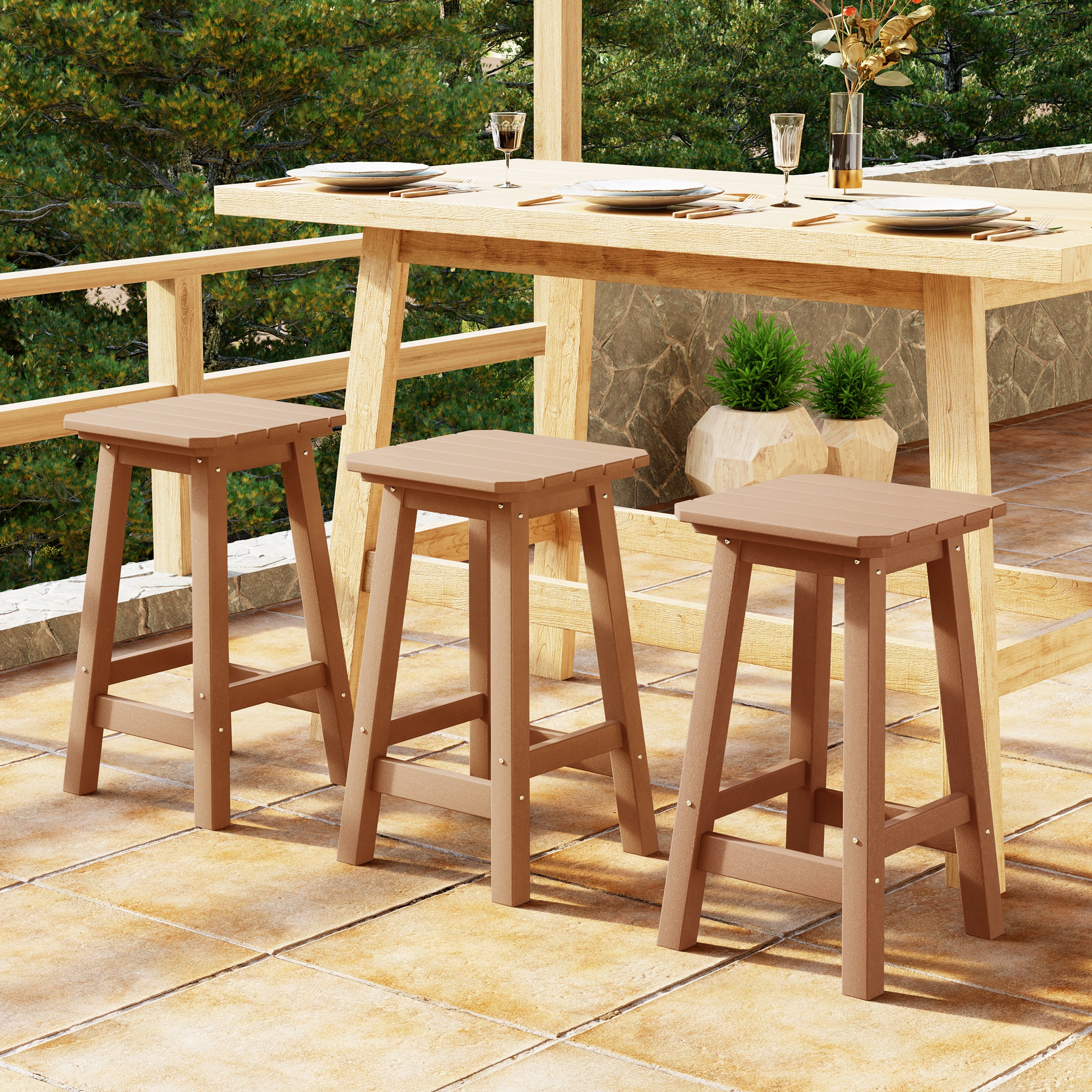 Malibu 24" HDPE Outdoor Patio Counter High Backless Square Bar Stools Set of Three