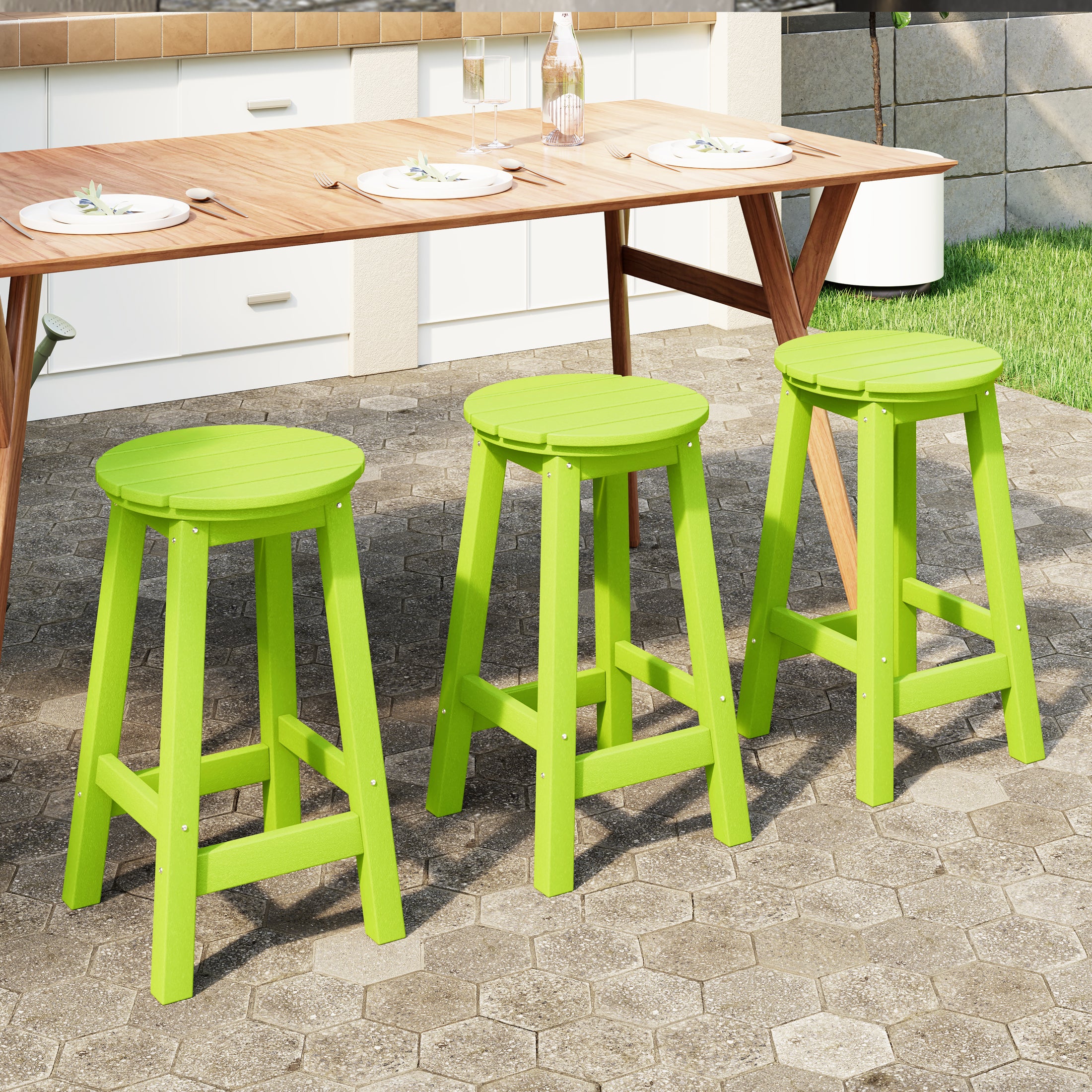 Malibu 24" HDPE Outdoor Patio Round Counter Height Bar Stool Set of 3