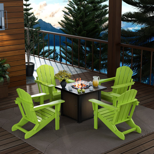 Malibu Modern Folding Poly Adirondack Chair With Square Fire Pit Table Set