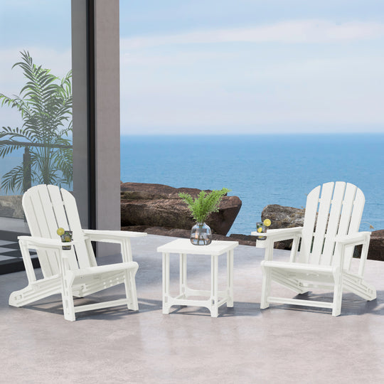 Azura 3-Piece HDPE Plastic Adirondack Patio Chairs With 18" Square Side Table Set