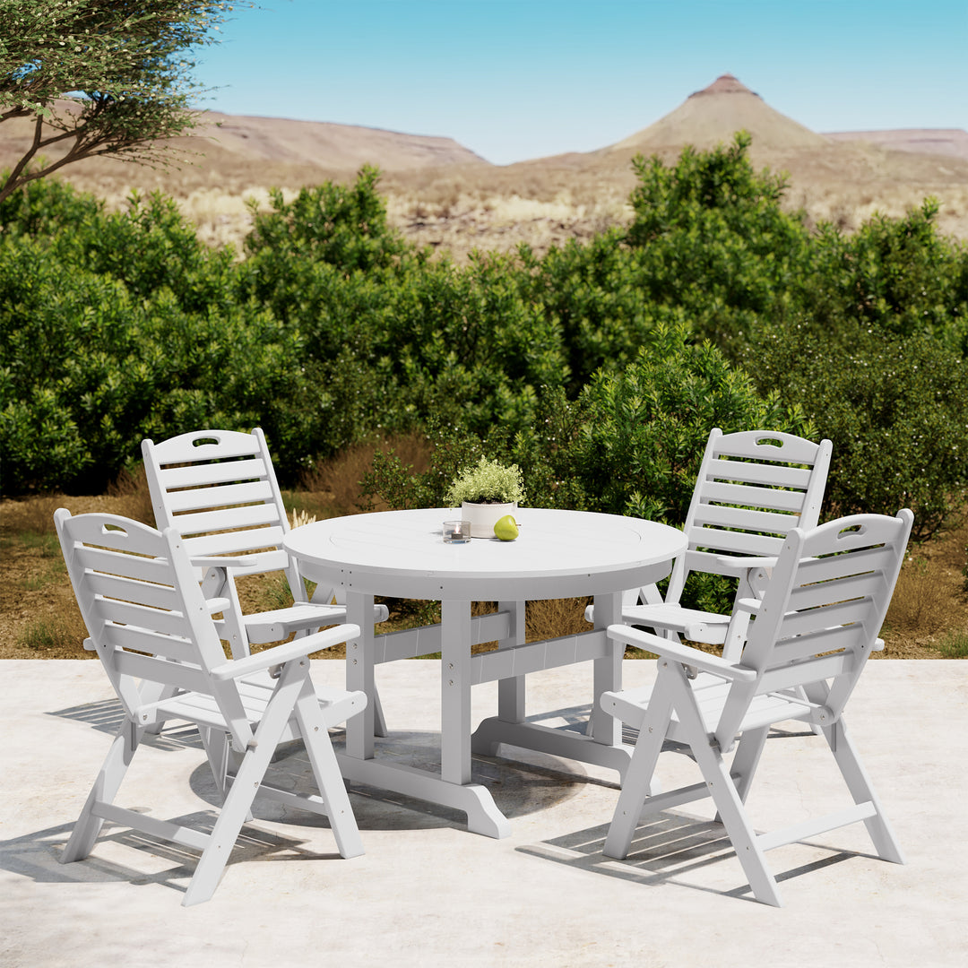 Malibu 5-Piece HDPE Round Patio Dining Table Set with Foldable Chairs