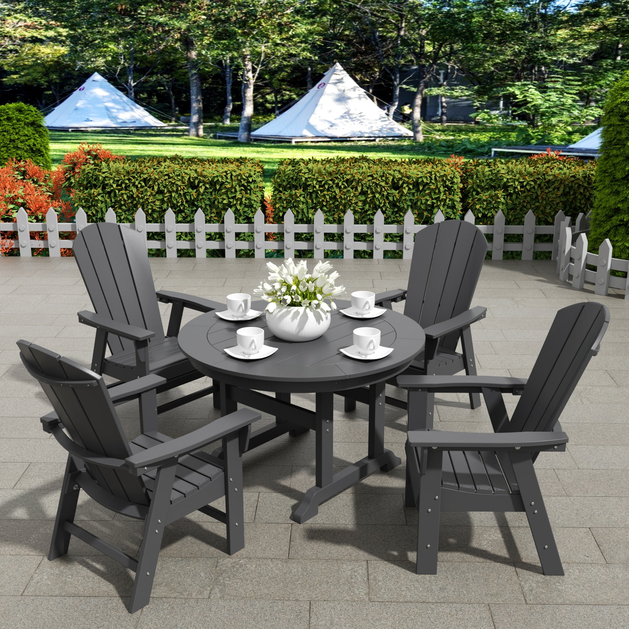 Malibu 5 Piece Outdoor Patio Dining Round Table and Curved Back Armchair Set