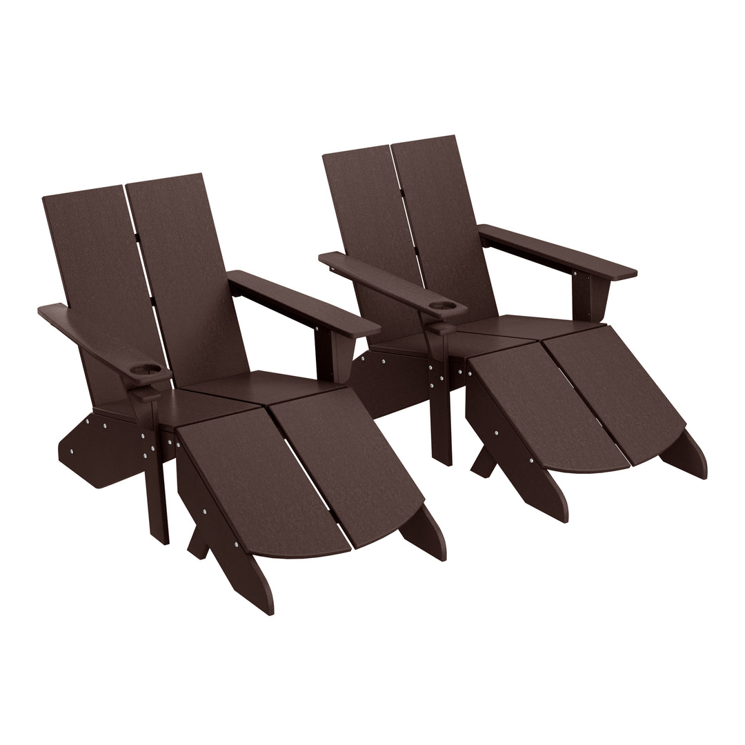 Riviera Outdoor 4-Piece HDPE Modern Adirondack Chairs Set with Folding Patio Ottomans and Cup Holder